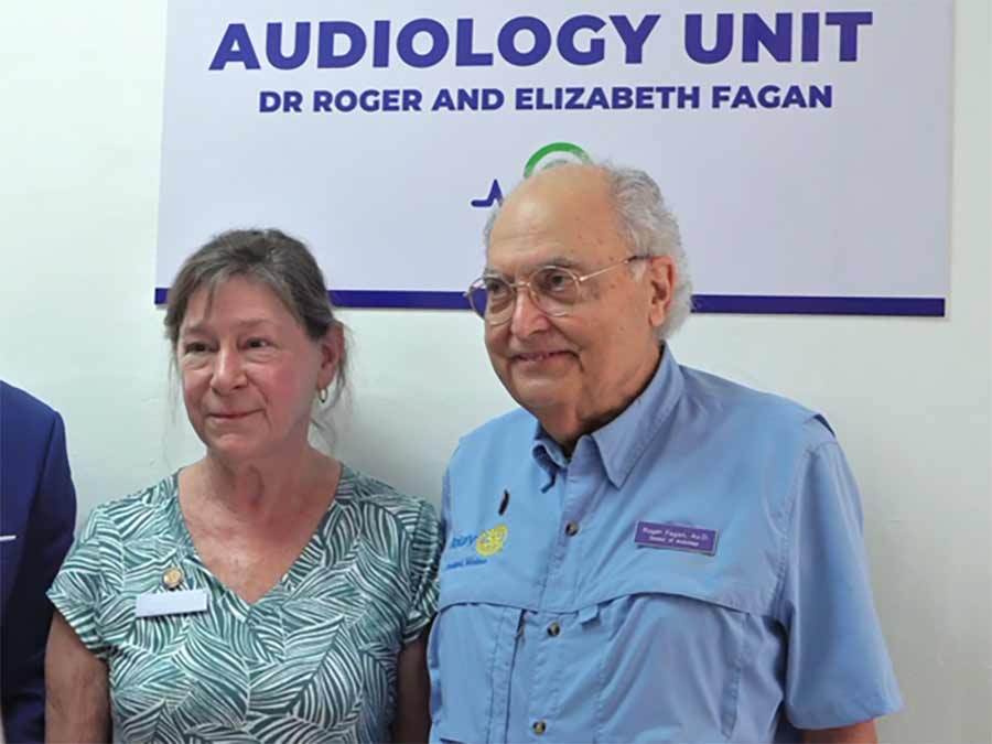 Dr Roger and Liz Fagan at the Audiology Unit