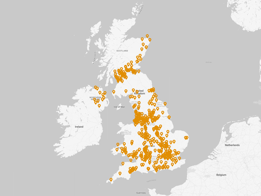 The location of 450+ Amplify Hearing care practice locations across the UK